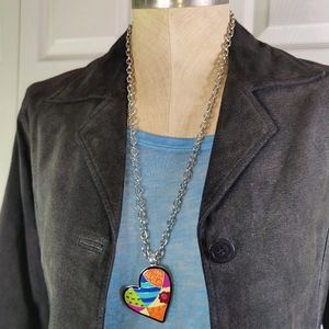 Whimsical Patchwork Heart Slider Pendant Chain Necklace Silver Tone RMN Roman